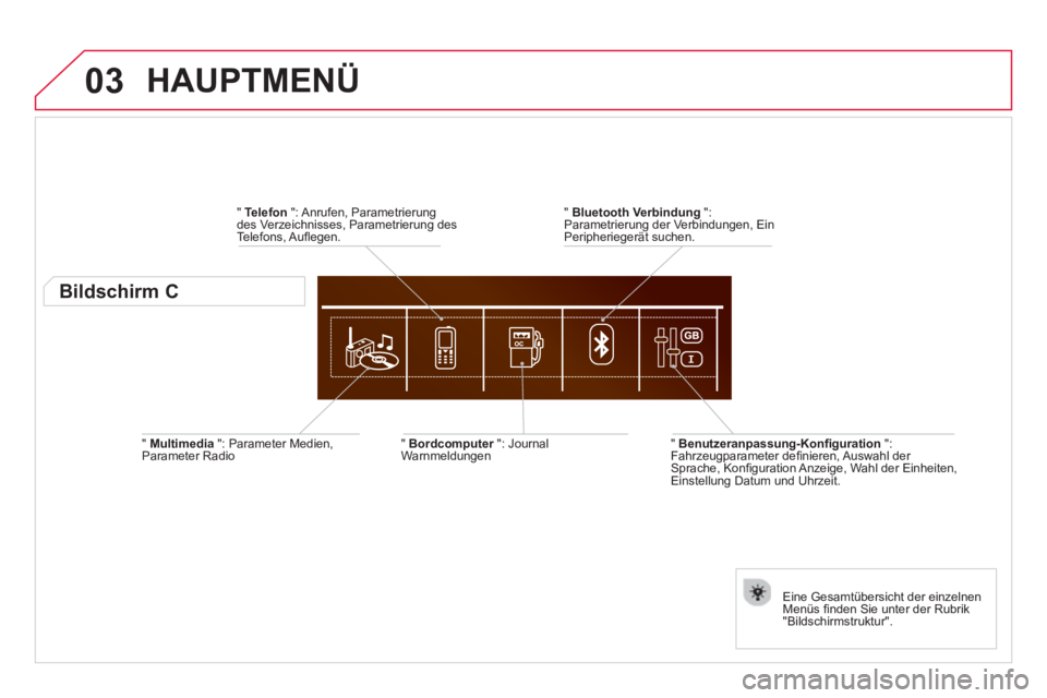 CITROEN DS4 2014  Betriebsanleitungen (in German) 03
   
"  Multimedia 
 ": Parameter Medien, 
Parameter Radio     
"  Bordcomputer 
 ": Journal 
Warnmeldungen  
   
Eine Gesamtübersicht der einzelnen 
Menüs ﬁ nden Sie unter der Rubrik 
"Bildschi