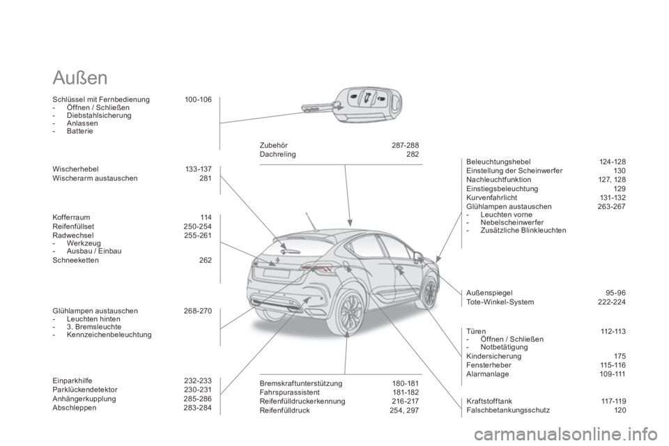 CITROEN DS4 2014  Betriebsanleitungen (in German)   Außen  
 
 
Schlüssel mit Fernbedienung  100 -106 
   
 
-   Öffnen / Schließen 
   
-  Diebstahlsicherung 
   
-  Anlassen 
   
-  Batterie  
 
   
Beleuc htungshebel 124 -128 
  Einstellung de