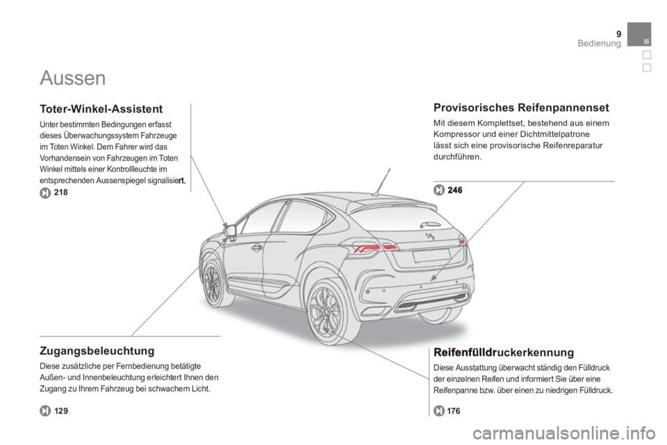 CITROEN DS4 2013  Betriebsanleitungen (in German) 9Bedienung
  Aussen  
 
 
Zugangsbeleuchtung 
Diese zusätzliche per Fernbedienung betätigte Außen- und Innenbeleuchtung erleichtert Ihnen denZugang zu Ihrem Fahrzeug bei schwachem Licht. 
 
 
Provi