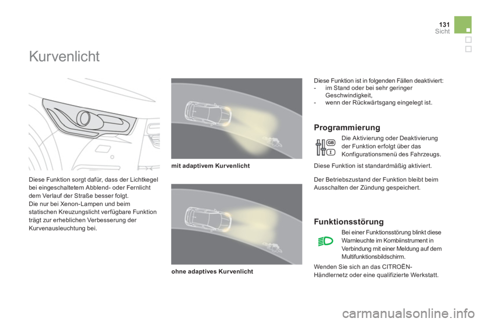CITROEN DS4 2013  Betriebsanleitungen (in German) 131Sicht
   
 
 
 
 
 
 
 
Kur venlicht 
 
 
Diese Funktion sorgt dafür, dass der Lichtkegel
bei eingeschaltetem Abblend- oder Fernlicht 
dem Verlauf der Straße besser folgt. 
  Die nur bei Xenon-La