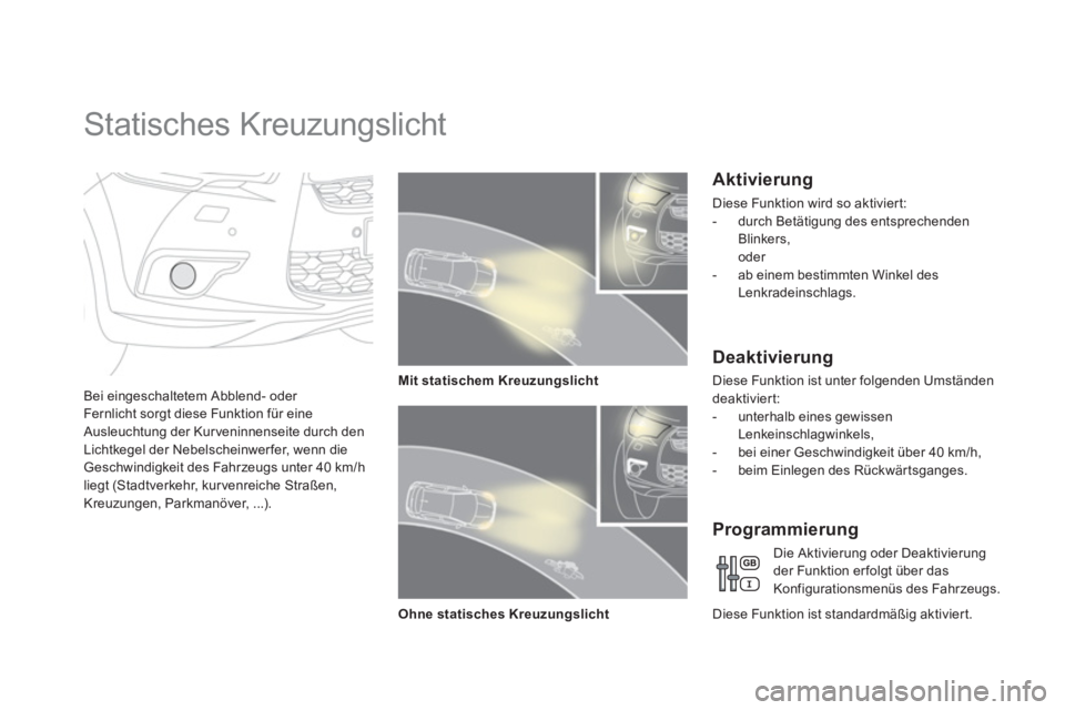 CITROEN DS4 2013  Betriebsanleitungen (in German)    
 
 
 
 
 
 
 
Statisches Kreuzungslicht 
Bei eingeschaltetem Abblend- oder 
Fernlicht sorgt diese Funktion für eine Ausleuchtung der Kur veninnenseite durch denLichtkegel der Nebelscheinwer fer, 