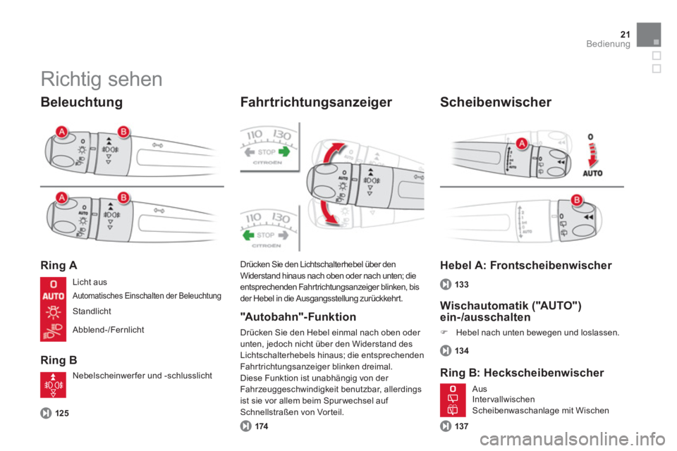 CITROEN DS4 2013  Betriebsanleitungen (in German) 21Bedienung
  Richtig sehen 
 
 
Beleuchtung 
 
 
Ring A
   
Ring B
Fahr trichtungsanzeiger 
125
Drücken Sie den Lichtschalterhebel über denWiderstand hinaus nach oben oder nach unten; die 
entsprec
