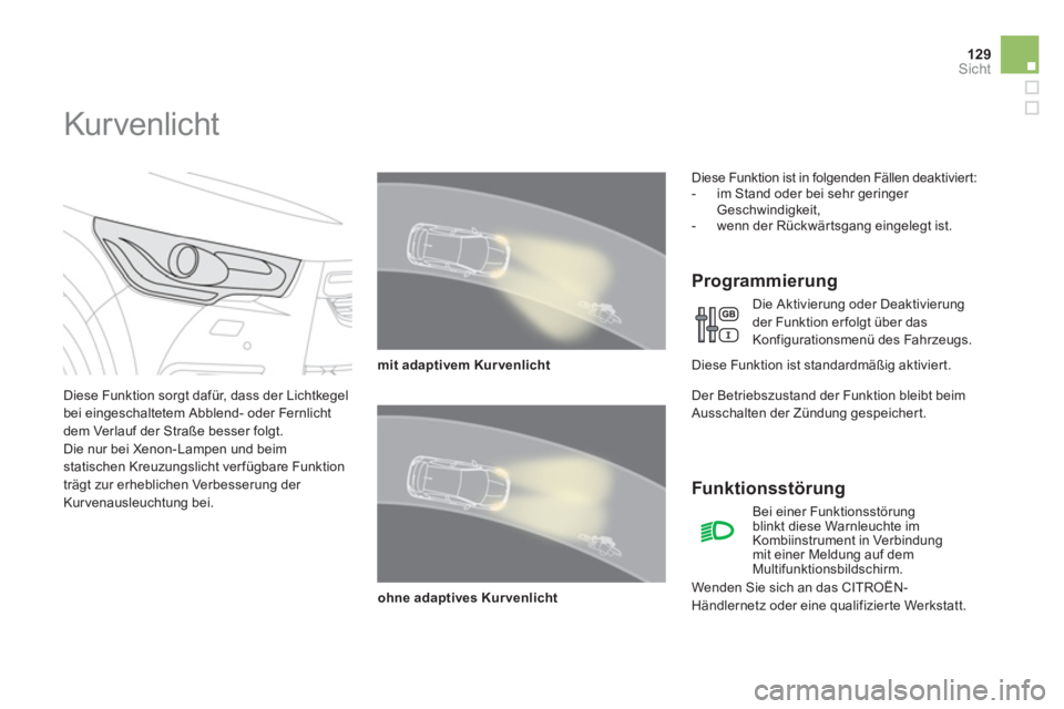 CITROEN DS4 2011  Betriebsanleitungen (in German) 129Sicht
   
 
 
 
 
 
 
 
Kur venlicht 
 
 
Diese Funktion sorgt dafür, dass der Lichtkegel 
bei eingeschaltetem Abblend- oder Fernlicht 
dem Verlauf der Straße besser folgt. 
  Die nur bei Xenon-L
