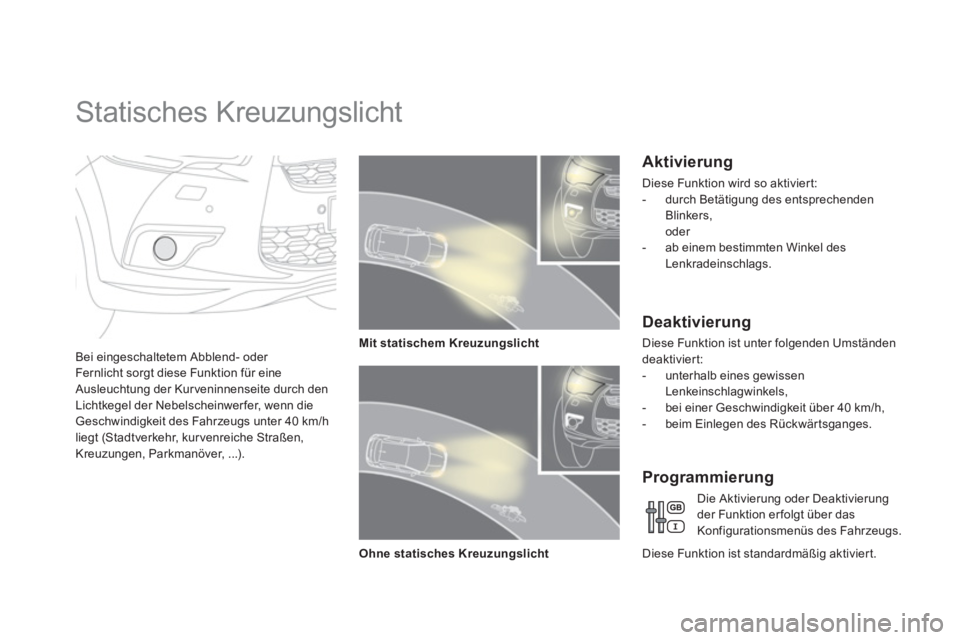 CITROEN DS4 2011  Betriebsanleitungen (in German)    
 
 
 
 
 
 
 
Statisches Kreuzungslicht 
 
 
Bei eingeschaltetem Abblend- oder 
Fernlicht sorgt diese Funktion für eine 
Ausleuchtung der Kur veninnenseite durch den 
Lichtkegel der Nebelscheinwe