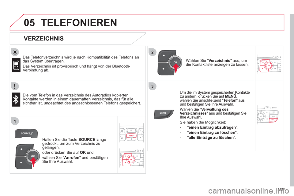 CITROEN DS4 2011  Betriebsanleitungen (in German) 367
 
  
2
3
1
05  TELEFONIEREN 
 
 
VERZEICHNIS 
 
 
Das Telefonverzeichnis wird je nach Kompatibilität des Telefons an 
das System übertragen. 
  Das Verzeichnis ist provisorisch und hängt von de