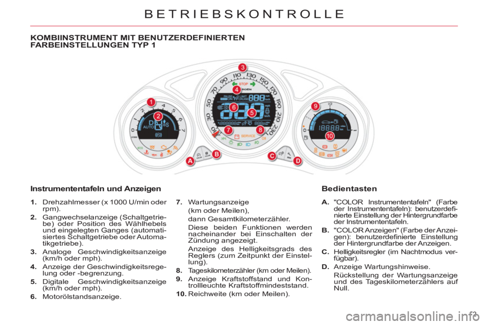 CITROEN DS4 2011  Betriebsanleitungen (in German) BETRIEBSKONTROLLE
2 
   
 
 
 
 
 
 
 
 
 
 
 
 
 
 
 
 
KOMBIINSTRUMENT MIT BENUTZERDEFINIERTEN 
FARBEINSTELLUNGEN TYP 1 
   
Instrumententafeln und Anzeigen 
 
 
 
1. 
  Drehzahlmesser (x 1000 U/min