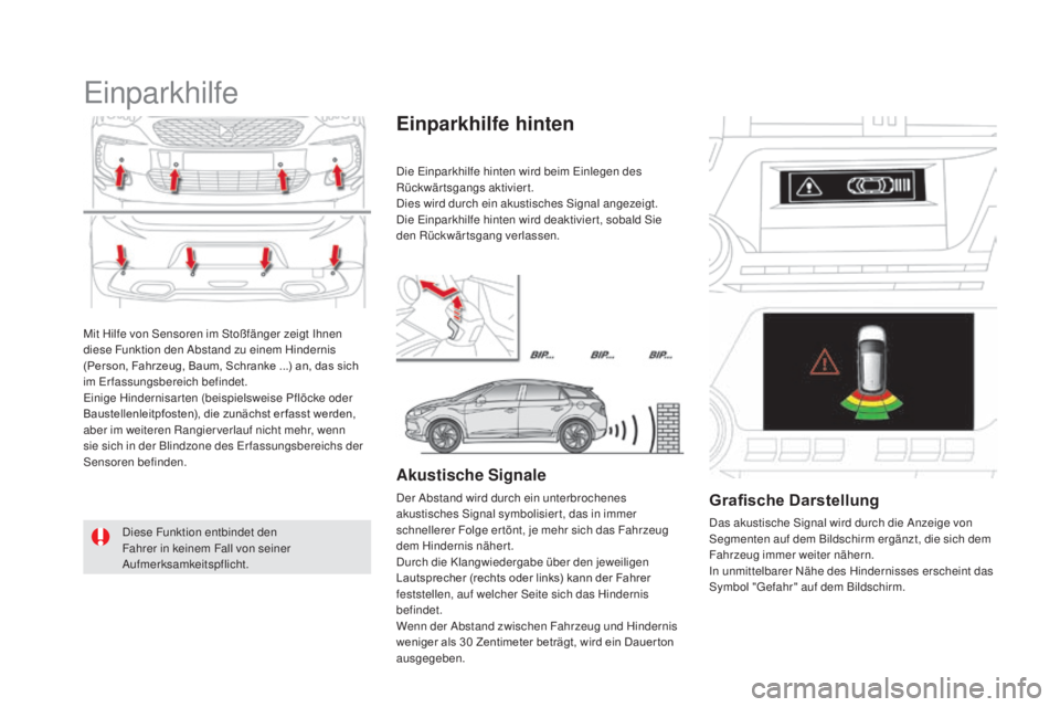 CITROEN DS5 2016  Betriebsanleitungen (in German) DS5_de_Chap04_conduite_ed02-2015
Mit Hilfe von Sensoren im Stoßfänger zeigt Ihnen 
diese Funktion den Abstand zu einem Hindernis 
(Person, Fahrzeug, Baum, Schranke ...) an, das sich 
im Erfassungsbe