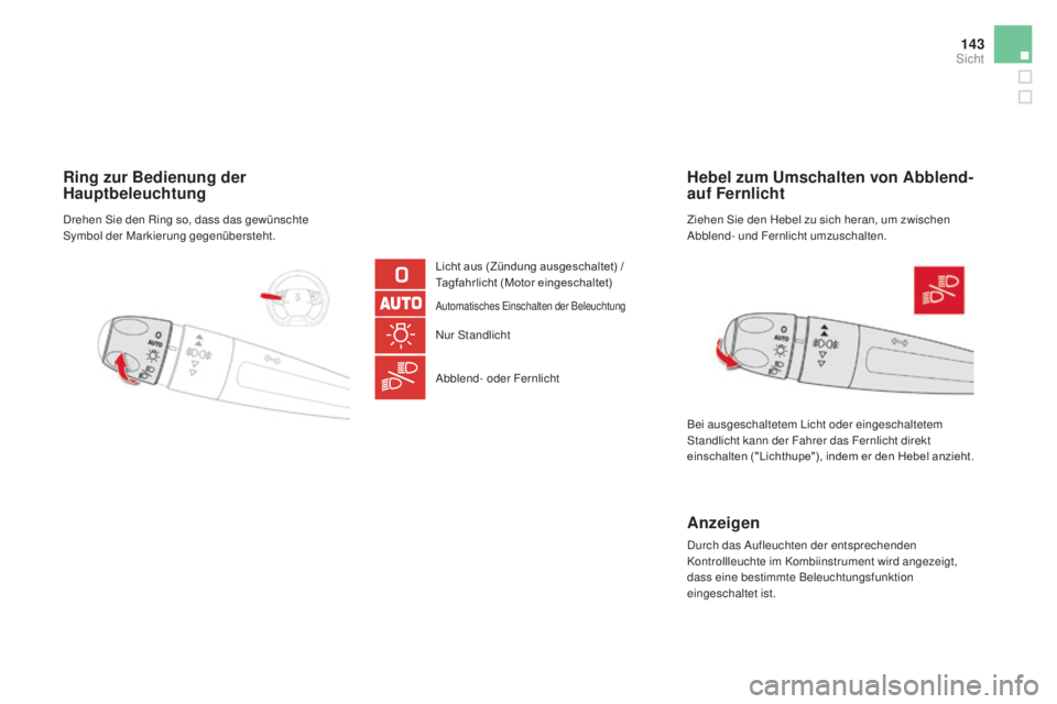 CITROEN DS5 2016  Betriebsanleitungen (in German) 143
DS5_de_Chap05_visibilite_ed02-2015
Ring zur Bedienung der hauptbeleuchtung
Licht aus (Zündung ausgeschaltet) / 
Tagfahrlicht (Motor eingeschaltet)
Automatisches Einschalten der Beleuchtung
Nur St