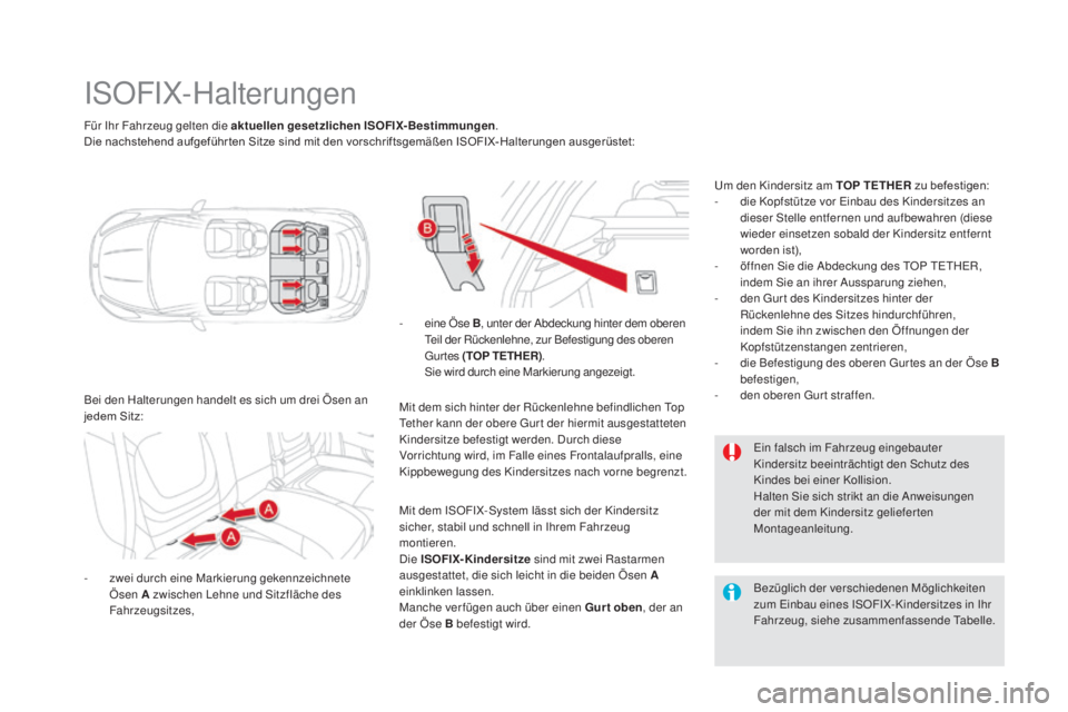 CITROEN DS5 2016  Betriebsanleitungen (in German) DS5_de_Chap06_securite-enfants_ed02-2015
Für Ihr Fahrzeug gelten die aktuellen gesetzlichen ISOFIX-Bestimmungen.
Die nachstehend aufgeführ ten Sitze sind mit den vorschriftsgemäßen ISOFIX-Halterun