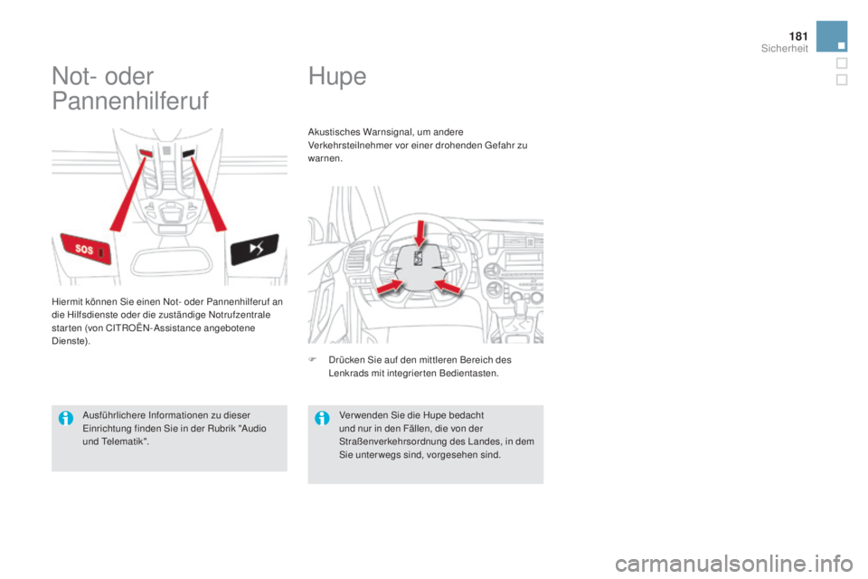 CITROEN DS5 2016  Betriebsanleitungen (in German) 181
DS5_de_Chap07_securite_ed02-2015
Hupe
Not- oder 
Pannenhilferuf
Hiermit können Sie einen Not- oder Pannenhilferuf an 
die Hilfsdienste oder die zuständige Notrufzentrale 
starten (von CITROËN-A