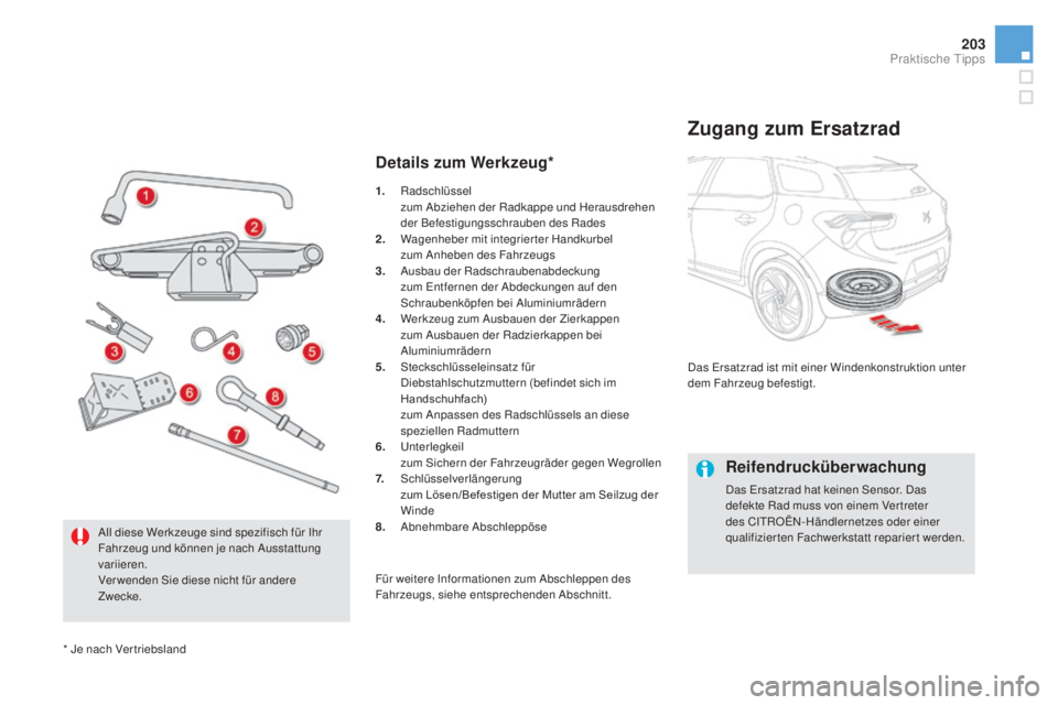 CITROEN DS5 2016  Betriebsanleitungen (in German) 203
DS5_de_Chap08_info-pratiques_ed02-2015
Details zum werkzeug*
Zugang zum Ersatzrad
Das Ersatzrad ist mit einer Windenkonstruktion unter 
dem Fahrzeug befestigt.
Reifendrucküberwachung
Das Ersatzra