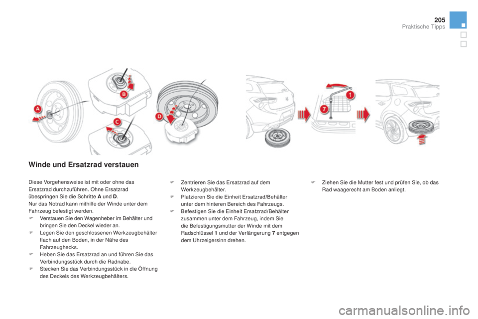 CITROEN DS5 2016  Betriebsanleitungen (in German) 205
DS5_de_Chap08_info-pratiques_ed02-2015
winde und Ersatzrad verstauen
Diese Vorgehensweise ist mit oder ohne das 
Ersatzrad durchzuführen. Ohne Ersatzrad 
übespringen Sie die Schritte 
a un
d D.
