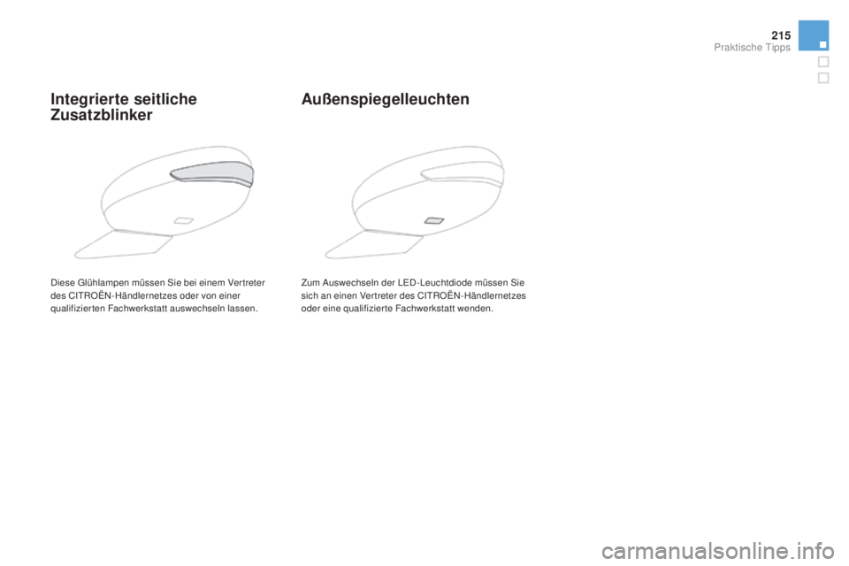 CITROEN DS5 2016  Betriebsanleitungen (in German) 215
DS5_de_Chap08_info-pratiques_ed02-2015
Integrierte seitliche 
Zusatzblinkeraußenspiegelleuchten
Zum Auswechseln der LED - Leuchtdiode müssen Sie 
sich an einen Vertreter des CITROËN-Händlernet