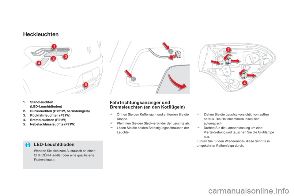 CITROEN DS5 2016  Betriebsanleitungen (in German) DS5_de_Chap08_info-pratiques_ed02-2015
1. Standleuchten  (LE
D-Leuchtdioden)
2.
 Bli

nkleuchten (PY21
w, be
 rnsteingelb)
3.
 Rück

fahrleuchten (P21
w)
4. Brem

sleuchten (P21
w)
5. Neb

elschlussl