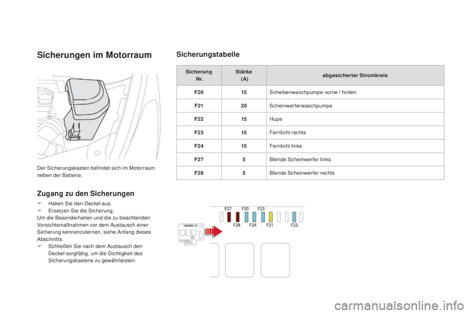 CITROEN DS5 2016  Betriebsanleitungen (in German) DS5_de_Chap08_info-pratiques_ed02-2015
Sicherungen im motorraum
Der Sicherungskasten befindet sich im Motorraum 
neben der Batterie.
Zugang zu den Sicherungen
F Haken Sie den Deckel aus.
F Erse tzen S