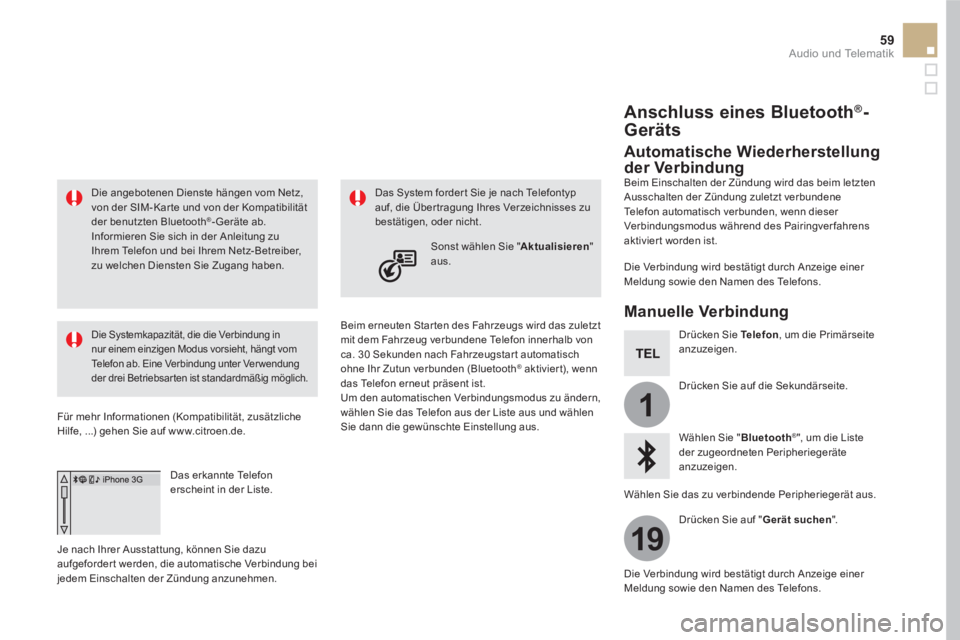 CITROEN DS5 2016  Betriebsanleitungen (in German) 1
19
59  Audio und Telematik 
 
 
Die angebotenen Dienste hängen vom Netz, 
von der SIM- Kar te und von der Kompatibilität 
der benutzten Bluetooth
®- Geräte ab. 
Informieren Sie sich in der Anlei
