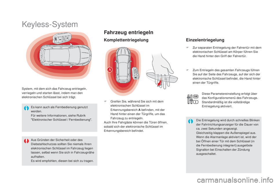 CITROEN DS5 2016  Betriebsanleitungen (in German) DS5_de_Chap02_ouvertures_ed02-2015
Fahrzeug entriegeln
Keyless-System
System, mit dem sich das Fahrzeug entriegeln, 
verriegeln und star ten lässt, indem man den 
elektronischen Schlüssel bei sich t