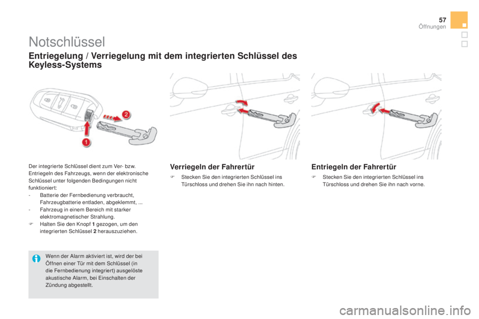 CITROEN DS5 2016  Betriebsanleitungen (in German) 57
DS5_de_Chap02_ouvertures_ed02-2015
Notschlüssel
Entriegelung / Verriegelung mit dem integrierten Schlüssel des 
Keyless-Systems
Der integrier te Schlüssel dient zum Ver- bzw. 
Entriegeln des Fah