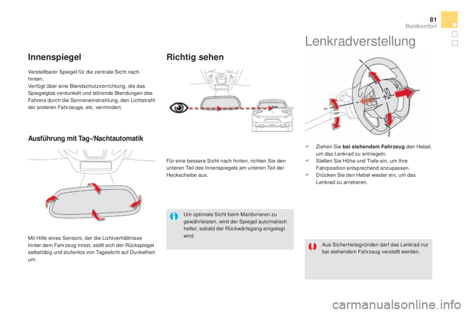 CITROEN DS5 2016  Betriebsanleitungen (in German) 81
DS5_de_Chap03_confort_ed02-2015
ausführung mit Tag-/Nachtautomatik
Mit Hilfe eines Sensors, der die Lichtverhältnisse 
hinter dem Fahrzeug misst, stellt sich der Rückspiegel 
selbsttätig und st