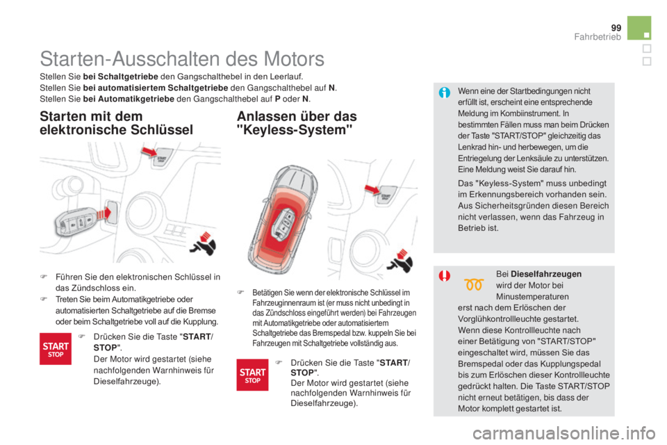 CITROEN DS5 2015  Betriebsanleitungen (in German) 99
DS5_de_Chap04_conduite_ed01-2015
Starten-Ausschalten des Motors
F Führen Sie den elektronischen Schlüssel in das Zündschloss ein.
F
 
Treten Sie beim Automatikgetriebe oder 
automatisierten Scha