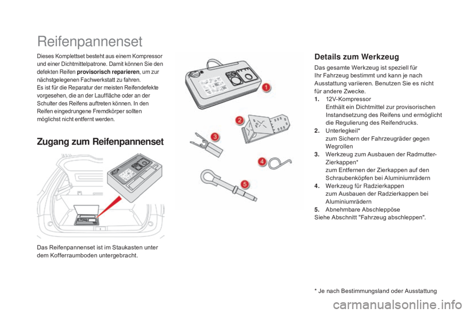 CITROEN DS5 2015  Betriebsanleitungen (in German) DS5_de_Chap08_info-pratiques_ed01-2015
Das Reifenpannenset ist im Staukasten unter 
dem Kofferraumboden untergebracht.
Dieses Komplettset besteht aus einem Kompressor 
und einer Dichtmittelpatrone. Da