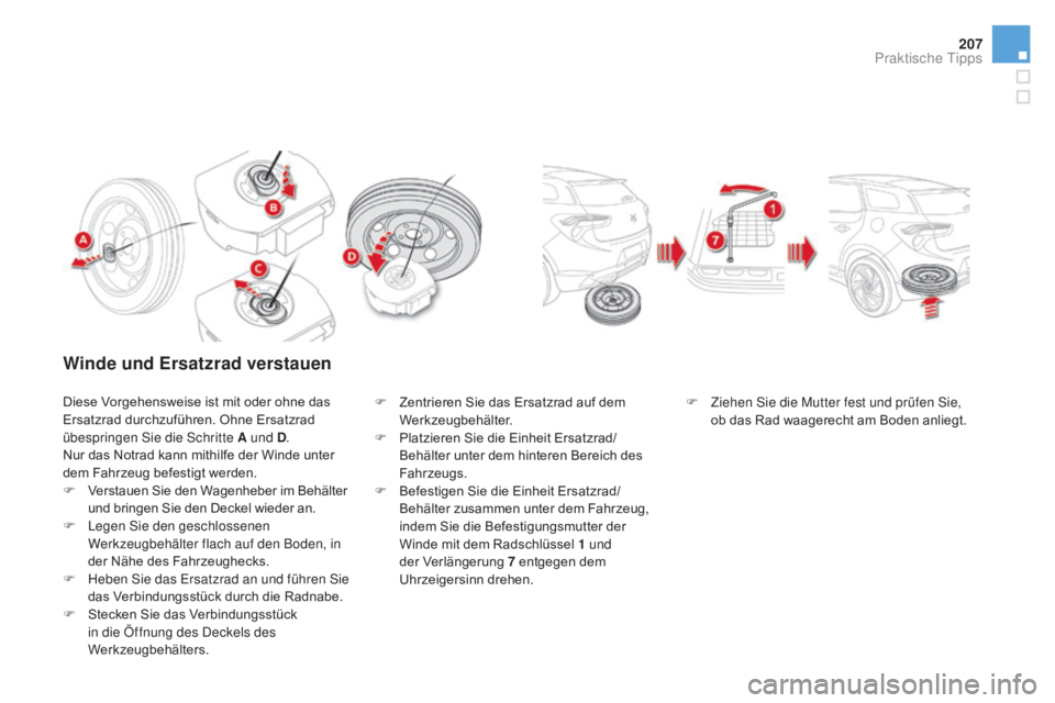 CITROEN DS5 2015  Betriebsanleitungen (in German) 207
DS5_de_Chap08_info-pratiques_ed01-2015
winde und Ersatzrad verstauen
Diese Vorgehensweise ist mit oder ohne das 
Ersatzrad durchzuführen. Ohne Ersatzrad 
übespringen Sie die Schritte a  und D.
N