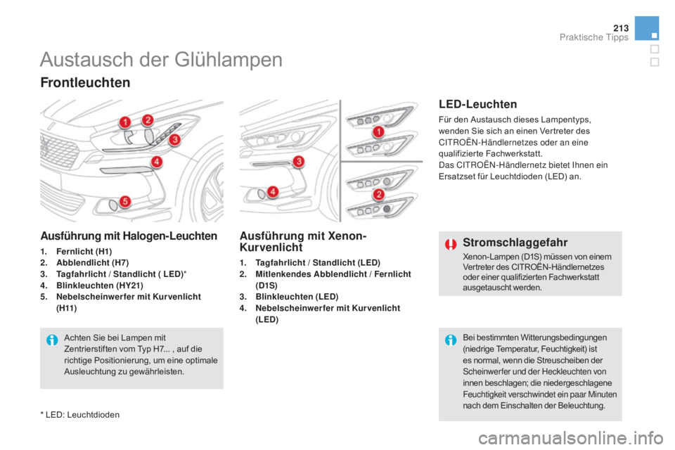 CITROEN DS5 2015  Betriebsanleitungen (in German) 213
DS5_de_Chap08_info-pratiques_ed01-2015
Austausch der Glühlampen
Frontleuchten
ausführung mit Xenon-
Kurvenlicht
1. Tagfahrlicht / Standlicht (LED)
2.  mi
tlenkendes  ab blendlicht / Fernlicht 
(