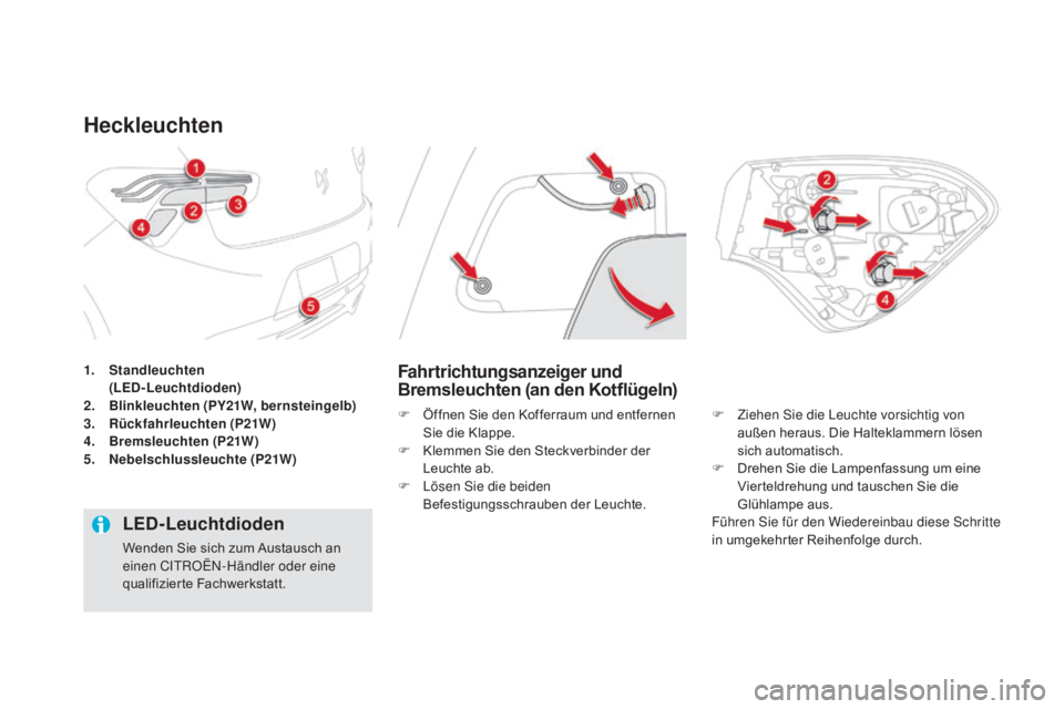 CITROEN DS5 2015  Betriebsanleitungen (in German) DS5_de_Chap08_info-pratiques_ed01-2015
1. Standleuchten  (
LED-Leuchtdioden)
2.
 B

linkleuchten (
pY
 21
w,
  bernsteingelb)
3.
 R

ückfahrleuchten (
p2
 1
w)
4. Bre

msleuchten (
p2
 1
w)
5. N

ebe