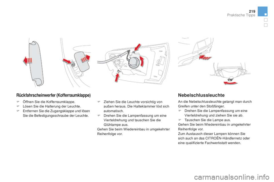CITROEN DS5 2015  Betriebsanleitungen (in German) 219
DS5_de_Chap08_info-pratiques_ed01-2015
Rückfahrscheinwerfer (Kofferraumklappe)
F Ziehen Sie die Leuchte vorsichtig von außen heraus. Die Halteklammer löst sich 
automatisch.
F
 
D
 rehen Sie di