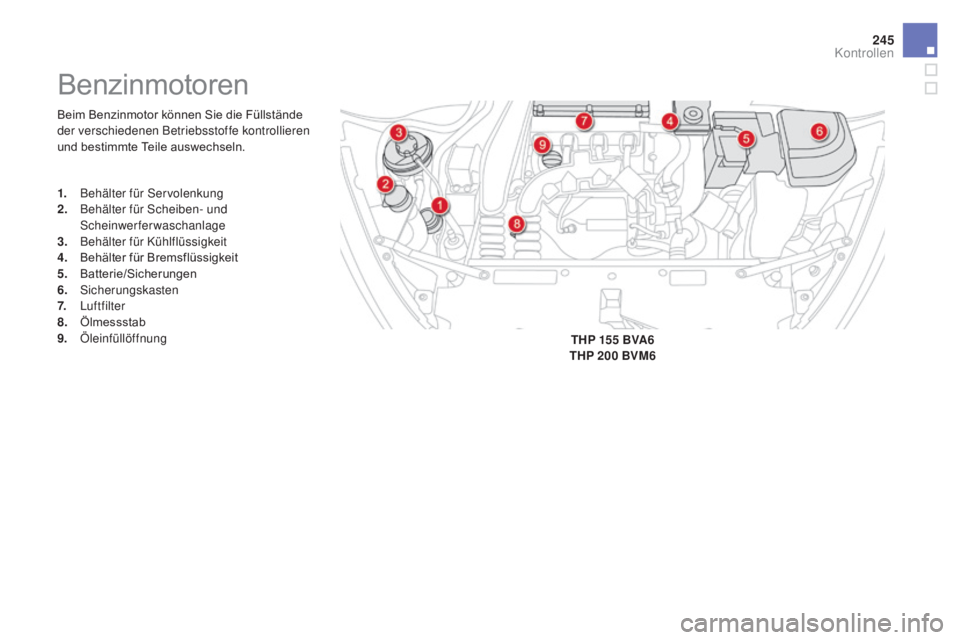 CITROEN DS5 2015  Betriebsanleitungen (in German) 245
DS5_de_Chap09_verifications_ed01-2015
Beim Benzinmotor können Sie die Füllstände 
der verschiedenen Betriebsstoffe kontrollieren 
und bestimmte Teile auswechseln.
Benzinmotoren
1. Behälter fü