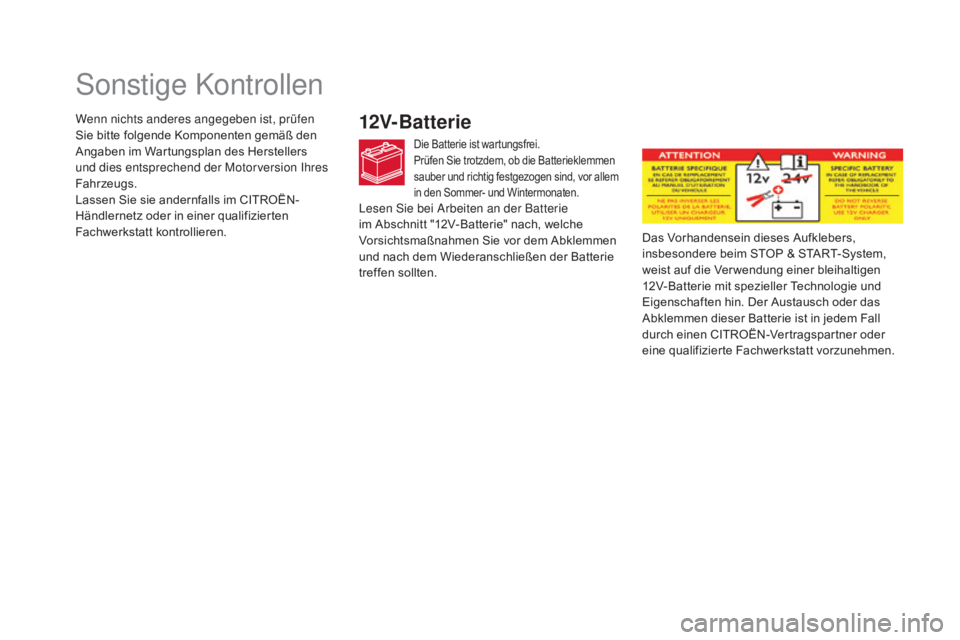 CITROEN DS5 2015  Betriebsanleitungen (in German) DS5_de_Chap09_verifications_ed01-2015
Sonstige Kontrollen
12V-Batterie
Die Batterie ist wartungsfrei.
Prüfen Sie trotzdem, ob die Batterieklemmen 
sauber und richtig festgezogen sind, vor allem 
in d