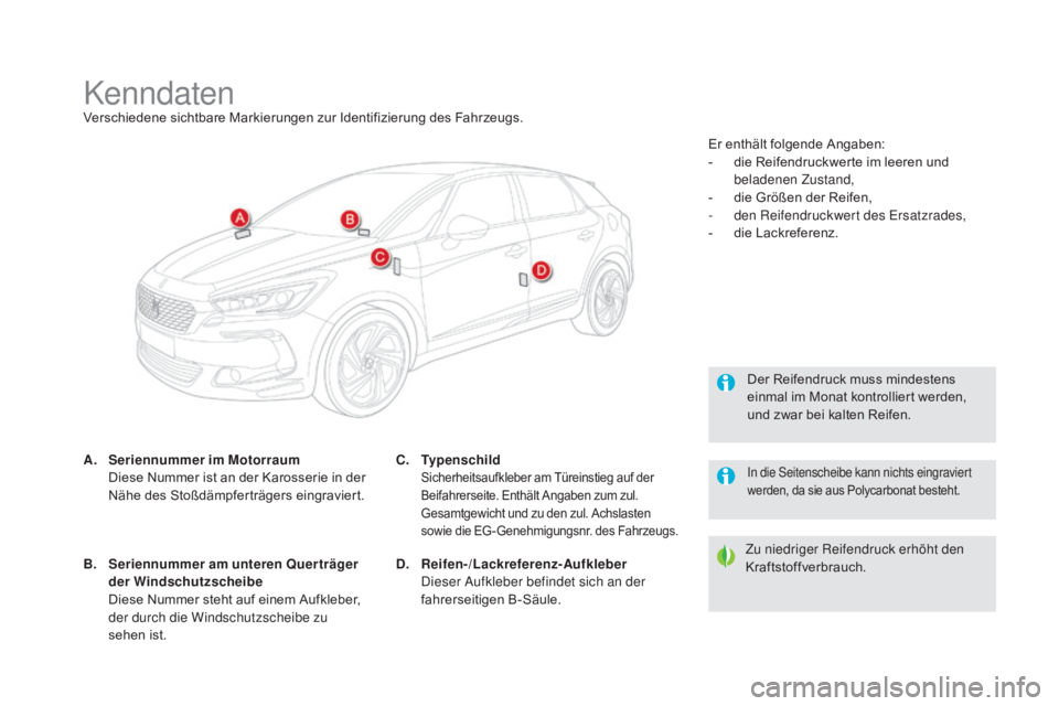 CITROEN DS5 2015  Betriebsanleitungen (in German) DS5_de_Chap10_caracteristiques_ed01-2015
KenndatenVerschiedene sichtbare Markierungen zur Identifizierung des Fahrzeugs.
a
.
 S
 eriennummer im  m
o
 torraum 
 D

iese Nummer ist an der Karosserie in 