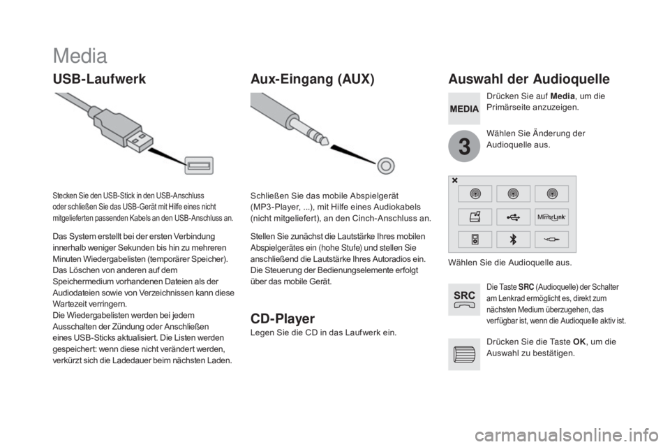 CITROEN DS5 2015  Betriebsanleitungen (in German) 3
DS5_de_Chap11c_SMEGplus_ed01-2015
Media
USB-Laufwerkauswahl der  au dioquelle
Die Taste SRC (Audioquelle) der Schalter 
am Lenkrad ermöglicht es, direkt zum 
nächsten Medium überzugehen, das 
ver