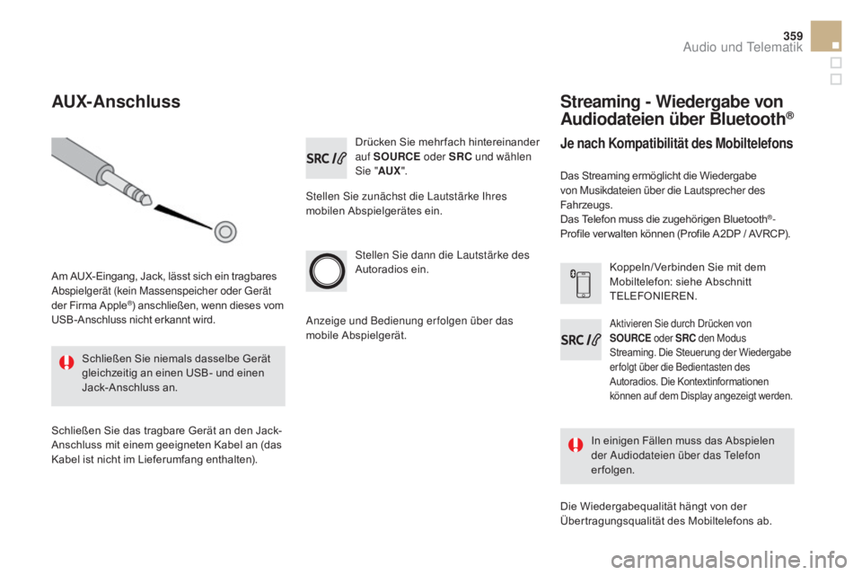 CITROEN DS5 2015  Betriebsanleitungen (in German) 359
DS5_de_Chap11d_RD5_ed01-2015
Drücken Sie mehr fach hintereinander 
auf SOURCE oder SRC und wählen 
Sie "
a

UX".
Stellen Sie zunächst die Lautstärke Ihres 
mobilen Abspielgerätes ein.