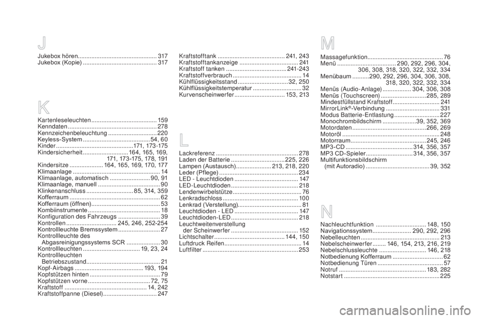 CITROEN DS5 2015  Betriebsanleitungen (in German) DS5_de_Chap12_index-recherche_ed01-2015
Kartenleseleuchten .......................................15 9
Kenndaten ..................................................... 2
78
Kennzeichenbeleuchtung
 ....