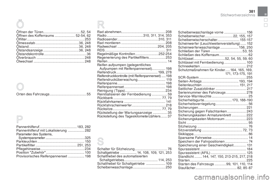 CITROEN DS5 2015  Betriebsanleitungen (in German) 381
DS5_de_Chap12_index-recherche_ed01-2015
Öffnen der Türen....................................... 52, 54
Öffnen des Kofferraums  ..................... 5 2-54, 62
Ölfilter
 ................

....