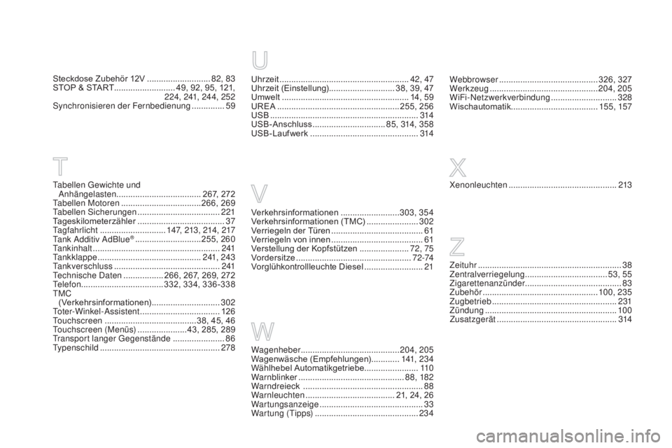 CITROEN DS5 2015  Betriebsanleitungen (in German) DS5_de_Chap12_index-recherche_ed01-2015
Xenonleuchten ..............................................2 13
Uhrzeit .......................................................42, 47
Uhrzeit (Einstellung) ...