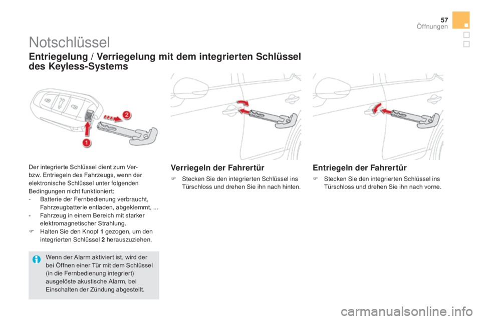 CITROEN DS5 2015  Betriebsanleitungen (in German) 57
DS5_de_Chap02_ouvertures_ed01-2015
Notschlüssel
Entriegelung / Verriegelung mit dem integrierten Schlüssel 
des Keyless-Systems
Der integrierte Schlüssel dient zum Ver- 
bzw. Entriegeln des Fahr