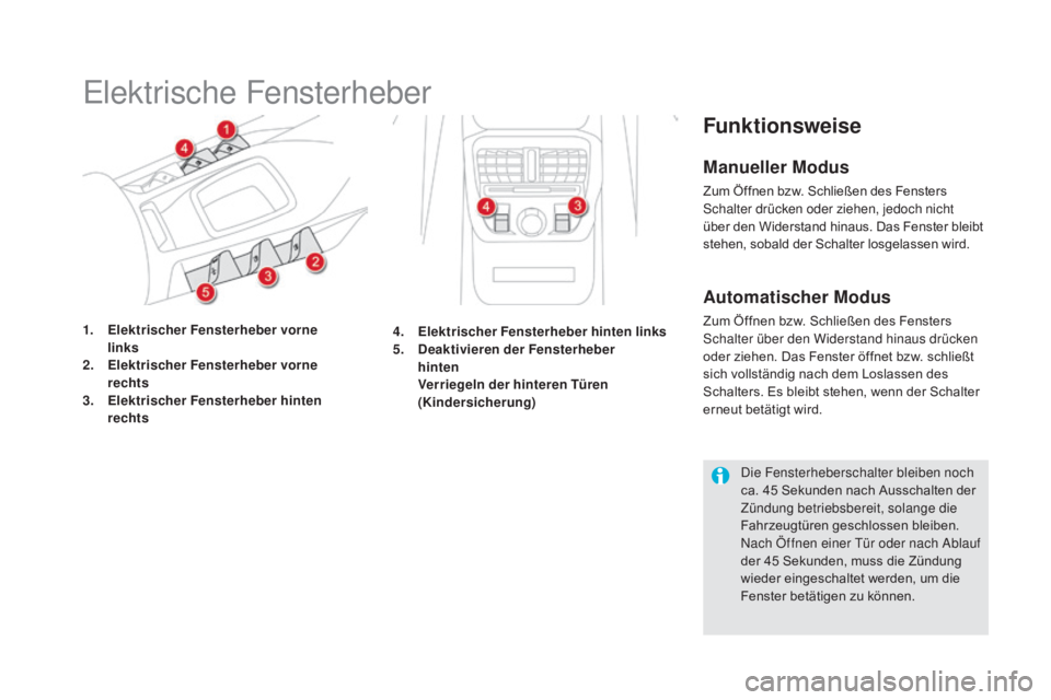 CITROEN DS5 2015  Betriebsanleitungen (in German) DS5_de_Chap02_ouvertures_ed01-2015
Elektrische Fensterheber
1. Elektrischer Fensterheber vorne  links
2.
 E

lektrischer Fensterheber vorne  
rechts
3.
 E

lektrischer Fensterheber hinten  
rechts
Fun