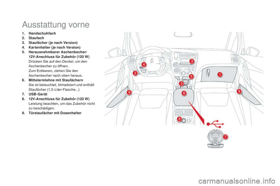 CITROEN DS5 2015  Betriebsanleitungen (in German) DS5_de_Chap03_confort_ed01-2015
Ausstattung vorne
1. handschuhfach
2. St
aufach
3.
 S

taufächer (je nach Version)
4.
 K

artenhalter (je nach Version)
5.
  her

ausnehmbarer  a
s
 chenbecher/ 
12V-
