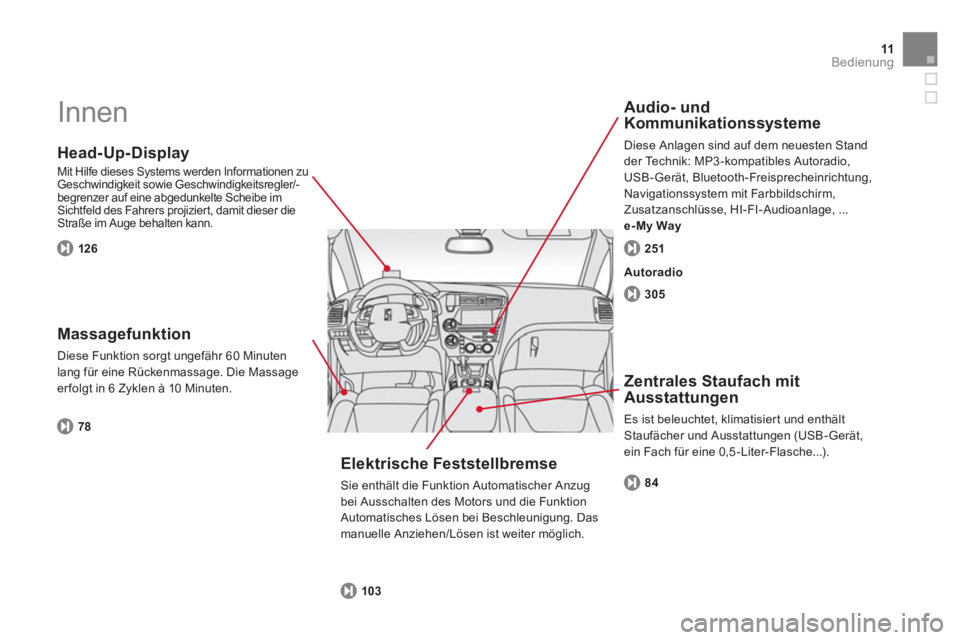 CITROEN DS5 2013  Betriebsanleitungen (in German) 11Bedienung
  Innen  
 
 
Head-Up-Display
 
Mit Hilfe dieses Systems werden Informationen zu Geschwindigkeit sowie Geschwindigkeitsregler/-
begrenzer auf eine abgedunkelte Scheibe im Sichtfeld des Fah