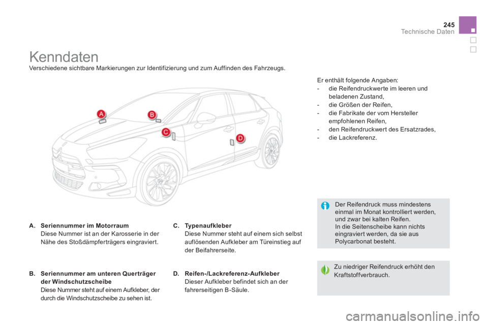 CITROEN DS5 2013  Betriebsanleitungen (in German) 245
Technische Daten
   
 
 
 
 
 
 
 
 
 
 
 
 
 
 
 
 
 
 
 
 
 
 
Kenndaten  
Verschiedene sichtbare Markierungen zur Identifizierung und zum Auffinden des Fahrzeugs.  
A.Seriennummer im Motorraum 