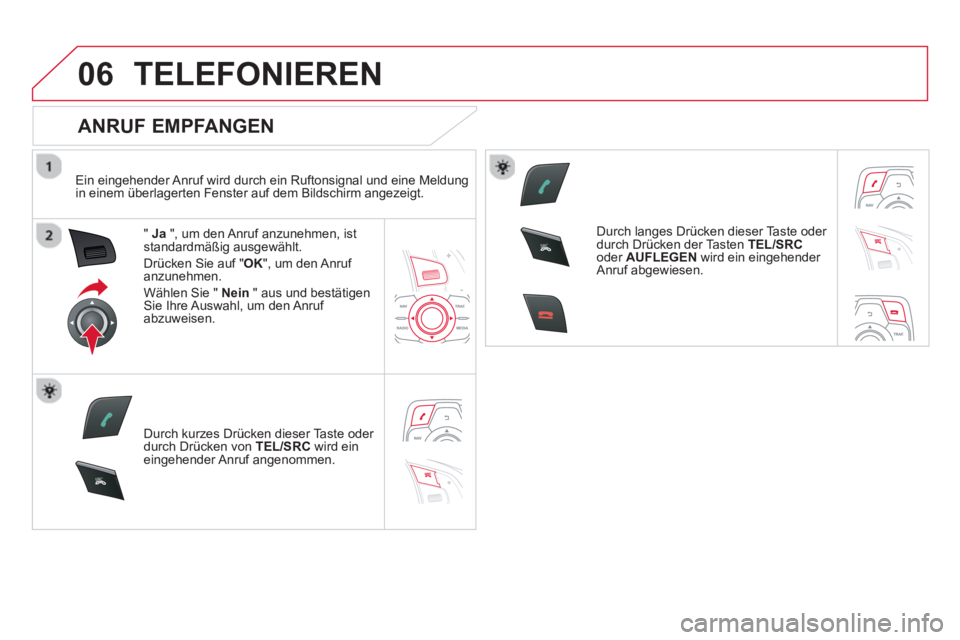 CITROEN DS5 2013  Betriebsanleitungen (in German) 06
SR
C
SR
C
TELEFONIEREN
   
ANRUF EMPFANGEN 
 
 
Ein eingehender Anruf wird durch ein Ruftonsignal und eine Meldung 
in einem überlagerten Fenster auf dem Bildschirm angezeigt.  
" Ja 
 ", um den A