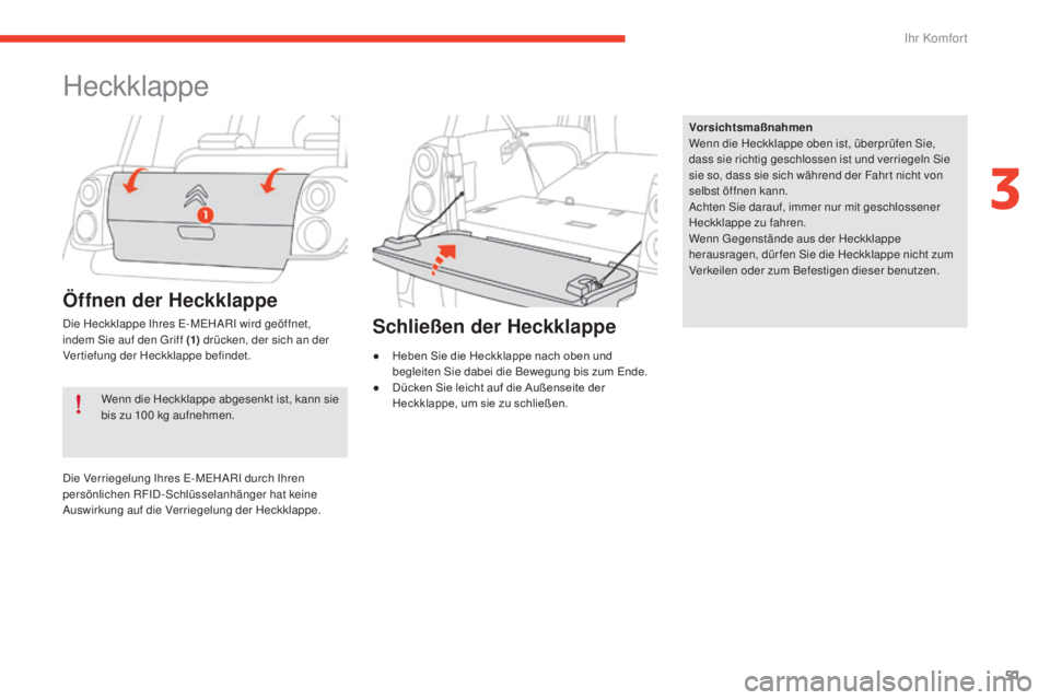 CITROEN E-MEHARI 2017 Betriebsanleitungen (in German) 51
e-mehari_de_Chap03_confort_ed03-2016
Heckklappe
Wenn die Heckklappe abgesenkt ist, kann sie
bis zu 100 kg aufnehmen. Vorsichtsmaßnahmen
Wenn die Heckklappe oben ist, überprüfen Sie,
dass sie r CITROEN E-MEHARI 2017 Betriebsanleitungen (in German) 51
e-mehari_de_Chap03_confort_ed03-2016
Heckklappe
Wenn die Heckklappe abgesenkt ist, kann sie
bis zu 100 kg aufnehmen. Vorsichtsmaßnahmen
Wenn die Heckklappe oben ist, überprüfen Sie,
dass sie r
