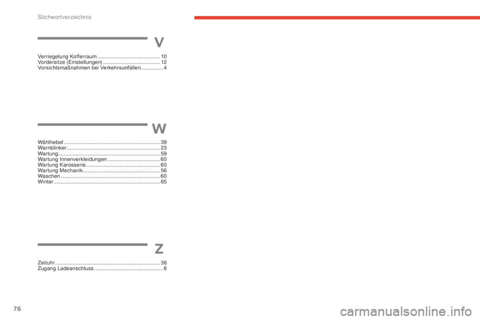 CITROEN E-MEHARI 2017 Betriebsanleitungen (in German) 76
e-mehari_de_Chap07_index-alpha_ed03-2016
Verriegelung Kofferraum ........................................... 10
Vordersitze (Einstellungen) ....................................... 12
V
orsichtsmaß CITROEN E-MEHARI 2017 Betriebsanleitungen (in German) 76
e-mehari_de_Chap07_index-alpha_ed03-2016
Verriegelung Kofferraum ........................................... 10
Vordersitze (Einstellungen) ....................................... 12
V
orsichtsmaß