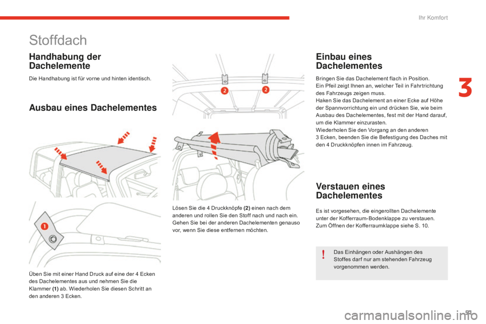 CITROEN E-MEHARI 2016 Betriebsanleitungen (in German) 51
e-mehari_de_Chap03_confort_ed02-2016
Stoffdach
Handhabung der
Dachelemente
Die Handhabung ist für vorne und hinten identisch.
Ausbau eines Dachelementes
Üben Sie mit einer Hand Druck auf eine de CITROEN E-MEHARI 2016 Betriebsanleitungen (in German) 51
e-mehari_de_Chap03_confort_ed02-2016
Stoffdach
Handhabung der
Dachelemente
Die Handhabung ist für vorne und hinten identisch.
Ausbau eines Dachelementes
Üben Sie mit einer Hand Druck auf eine de