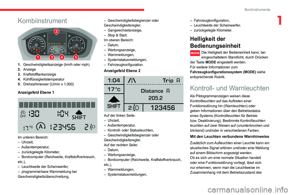 CITROEN JUMPER 2020  Betriebsanleitungen (in German) 7
Bordinstrumente
1Kombiinstrument 
 
1.Geschwindigkeitsanzeige (km/h oder mph)
2. Anzeige
3. Kraftstofftankanzeige
4. Kühlflüssigkeitstemperatur
5. Drehzahlmesser (U/min x 1.000)
Anzeigefeld Ebene 