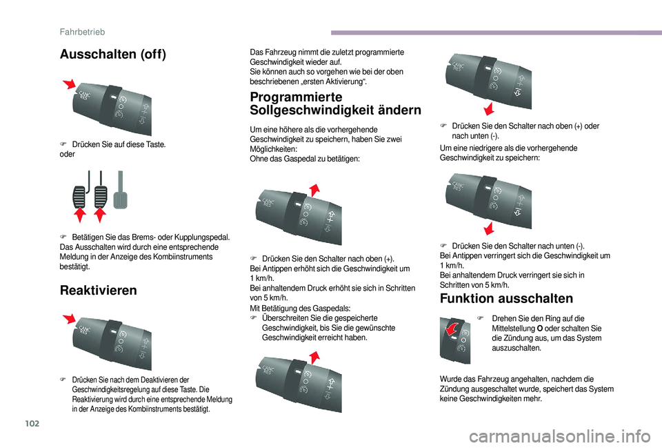 CITROEN JUMPER 2019  Betriebsanleitungen (in German) 102
Ausschalten (off)
ReaktivierenDas Fahrzeug nimmt die zuletzt programmierte 
Geschwindigkeit wieder auf.
Sie können auch so vorgehen wie bei der oben 
beschriebenen „ersten Aktivierung“.
Progr
