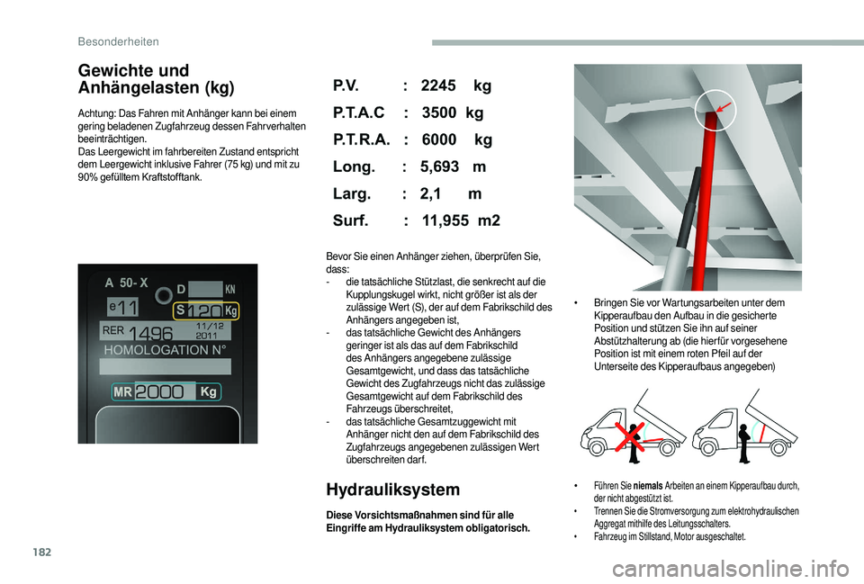 CITROEN JUMPER 2019  Betriebsanleitungen (in German) 182
Gewichte und 
Anhängelasten (kg)
Achtung: Das Fahren mit Anhänger kann bei einem 
gering beladenen Zugfahrzeug dessen Fahrverhalten 
beeinträchtigen.
Das Leergewicht im fahrbereiten Zustand ent