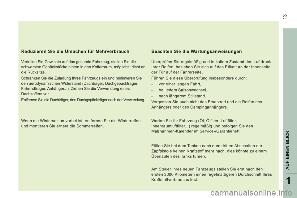 CITROEN JUMPER 2015 Betriebsanleitungen (in German) 13
1
AUF EINEN BLICK
JUMPER-PAPIER_DE_CHAP01_COUP D OEIL_ED01-2014
Reduzieren Sie die Ursachen für Mehrverbrauch
Verteilen Sie Gewichte auf das gesamte Fahrzeug; stellen Sie die
schwersten Gep CITROEN JUMPER 2015 Betriebsanleitungen (in German) 13
1
AUF EINEN BLICK
JUMPER-PAPIER_DE_CHAP01_COUP D OEIL_ED01-2014
Reduzieren Sie die Ursachen für Mehrverbrauch
Verteilen Sie Gewichte auf das gesamte Fahrzeug; stellen Sie die
schwersten Gep
